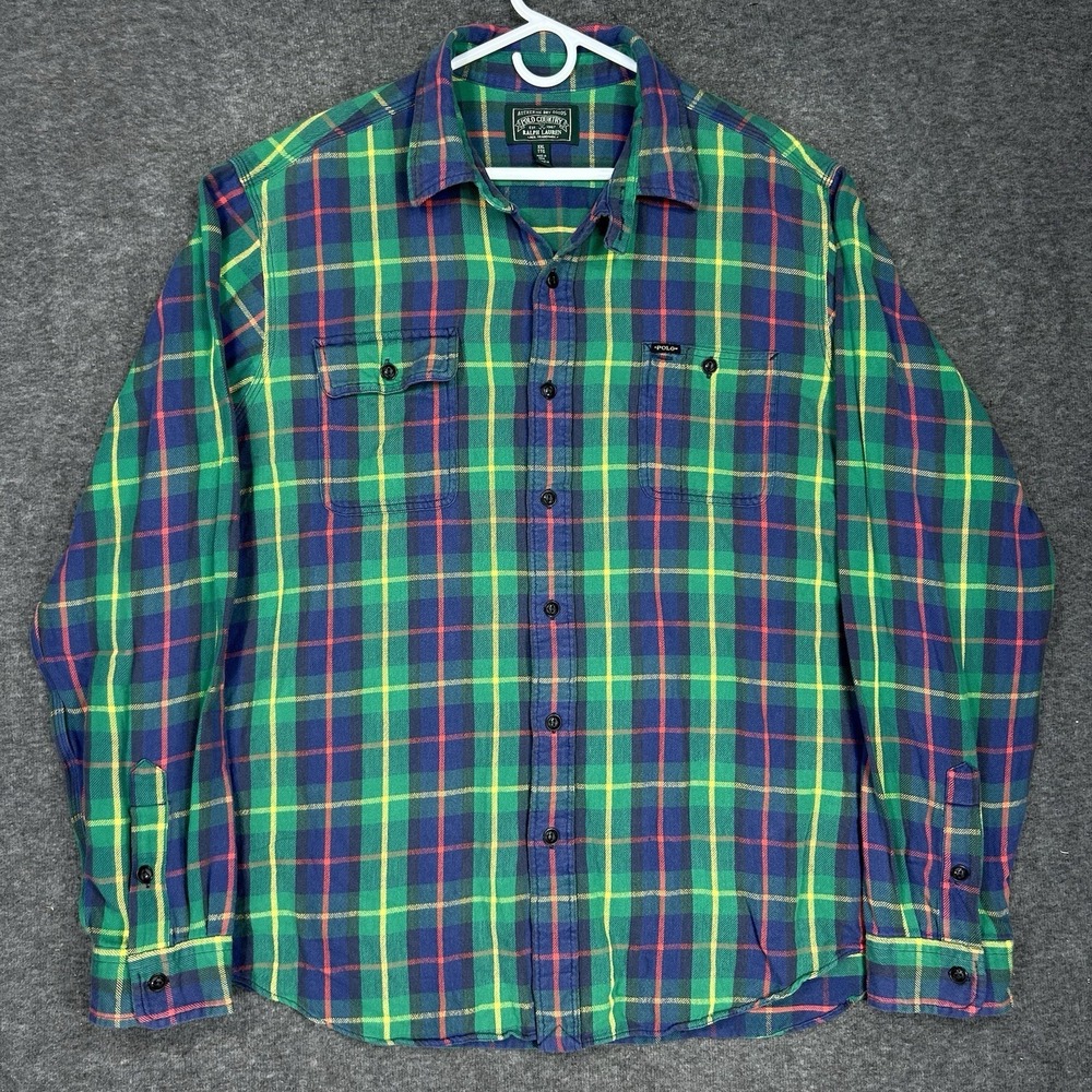 VTG Polo Country Ralph Lauren Shirt Mens 2XL Heavyweight Flannel Plaid Chinstrap